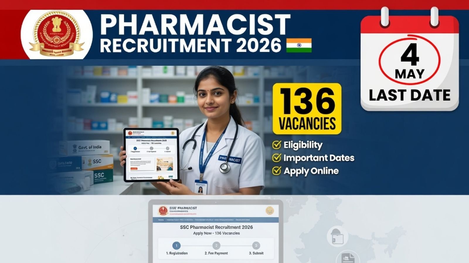 SSC Pharmacist Recruitment 2026: Apply Online for 136 Vacancies Before 4 May – Eligibility, Dates & Steps